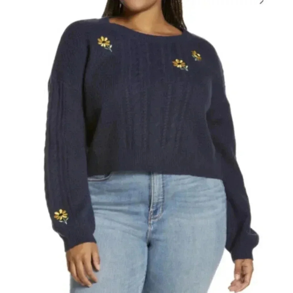 BP Navy Cropped Cable Knit embroidered floral Sweater 2X NWT‎